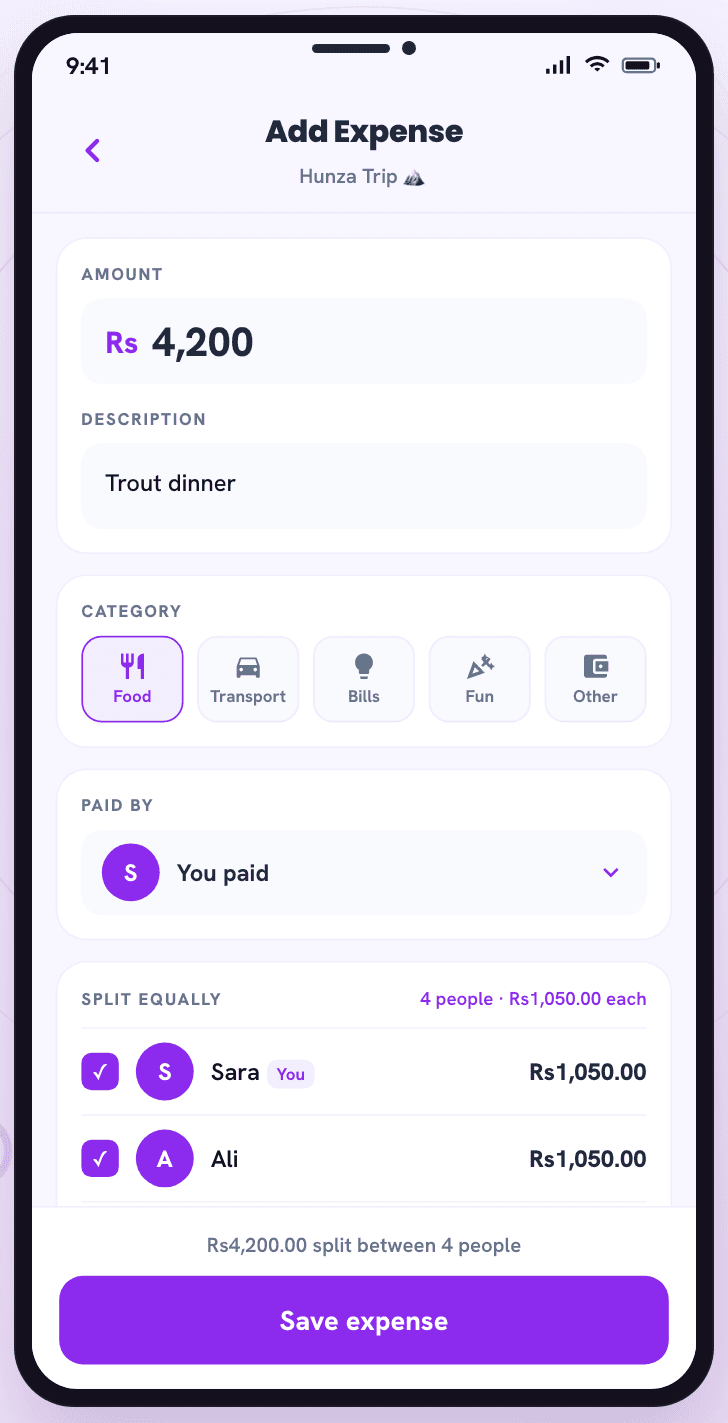 The add-expense screen with amount, description, category and split options