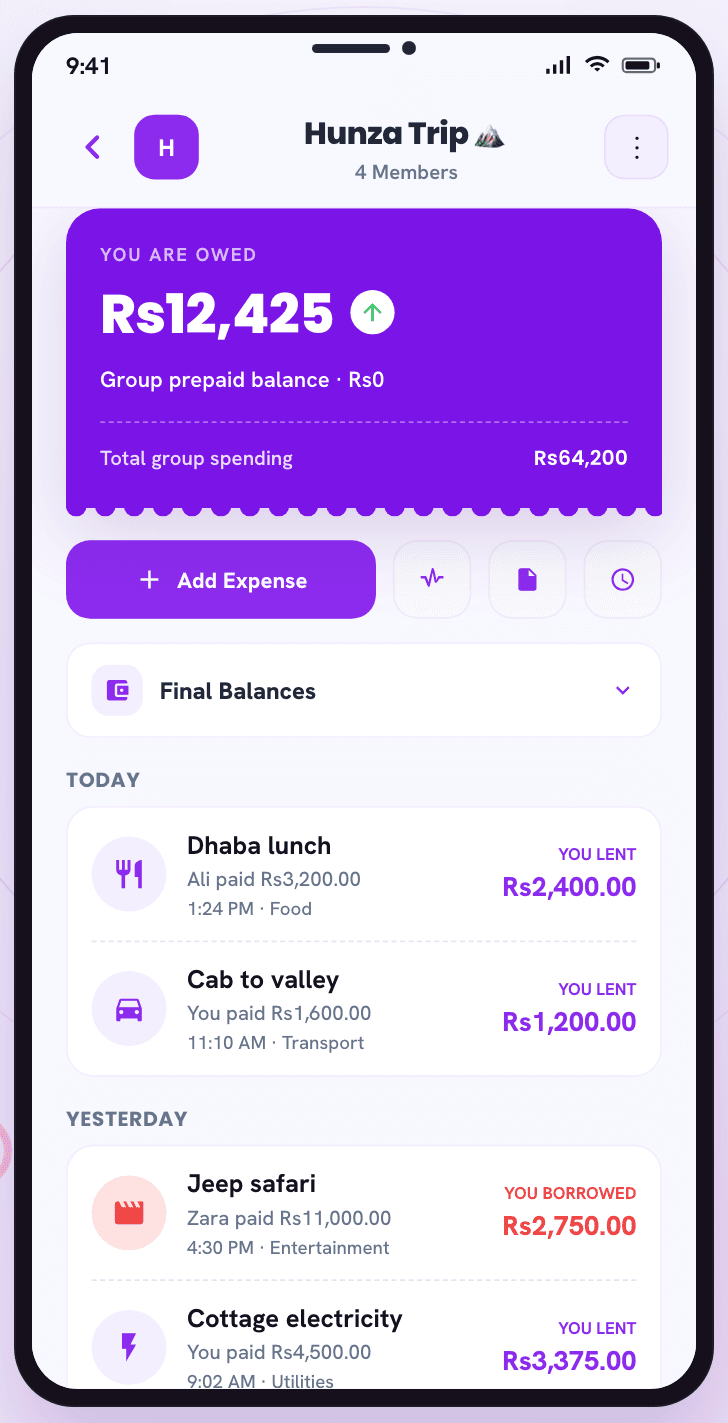 An Expenddy group screen showing a list of expenses with amounts and who paid