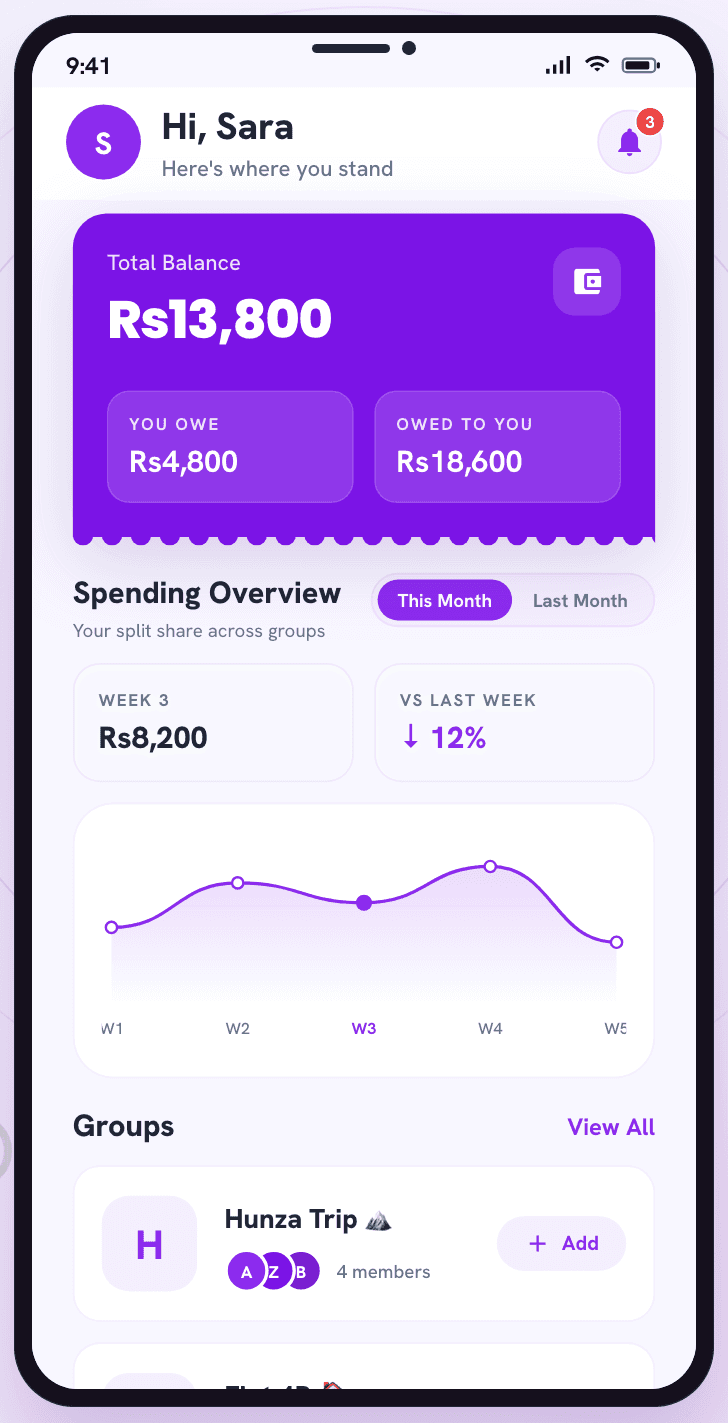Expenddy home screen showing a total balance and a list of groups